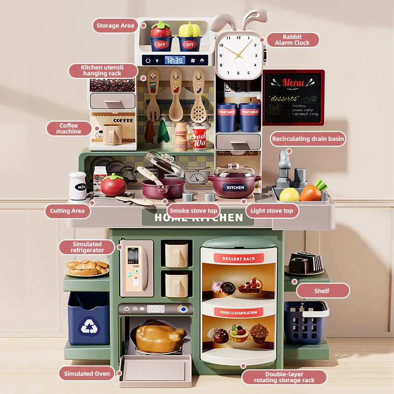 A kids pretend kitchen play set featuring storage areas like a kitchen utensil rack, coffee machine, oven, and refrigerator.