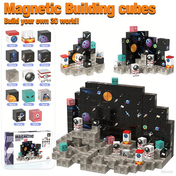 A set of magnetic building cubes and blocks used to construct a 3D world.