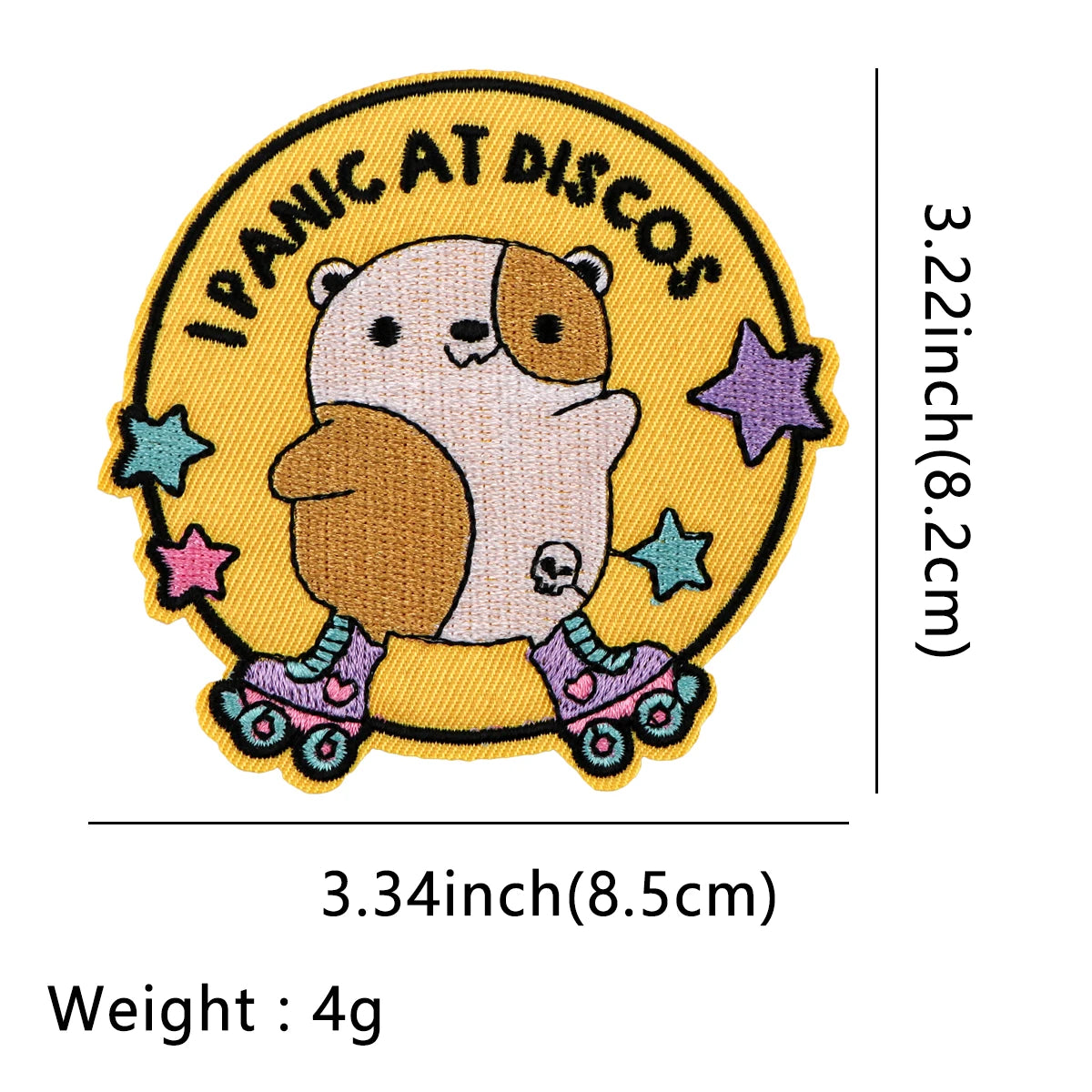 An embroidered patch featuring a cute panda character riding roller skates, surrounded by the text 'PANIC AT DISCOS'.
