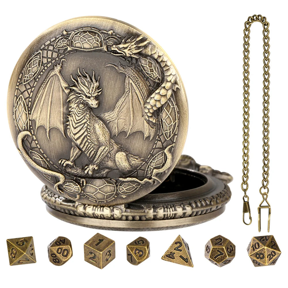 A brass steampunk dragon pocket watch dice case with seven small dice displayed on a wooden surface.