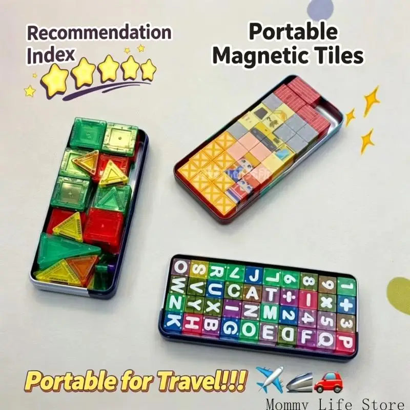 A set of portable magnetic tiles featuring letters and numbers for toddlers.