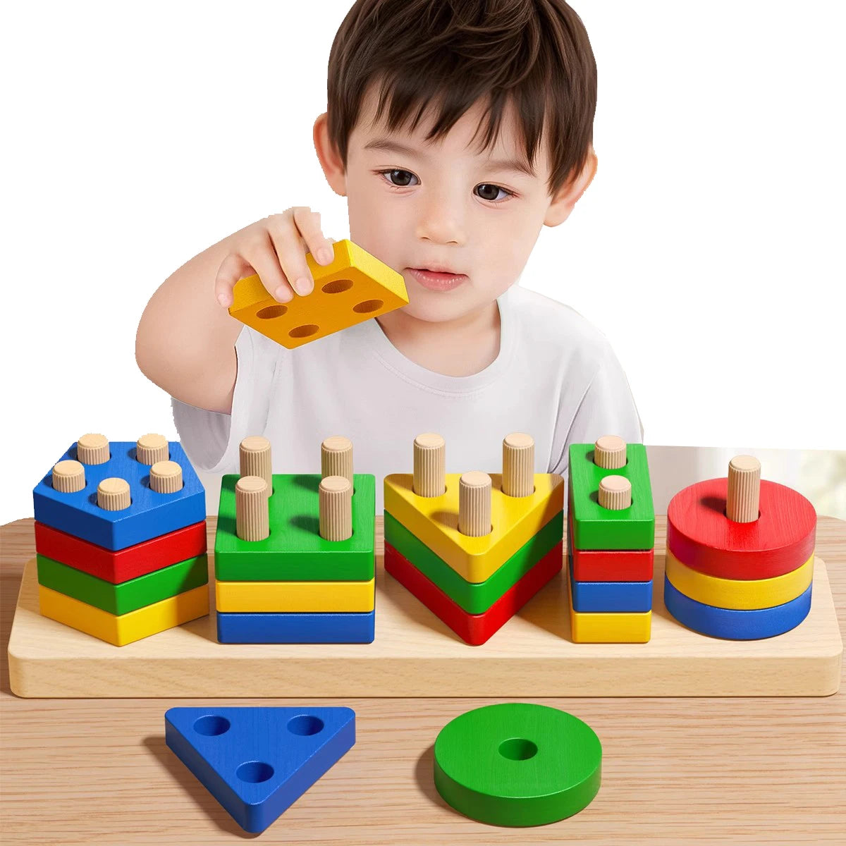 Ein Kleinkind interagiert mit Holz-Form-Stapelspielzeug und einem grünen Holzring auf einer hellen Holzoberfläche.