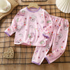 Pink long sleeve cotton pajama set for kids featuring cute bear and animal patterns