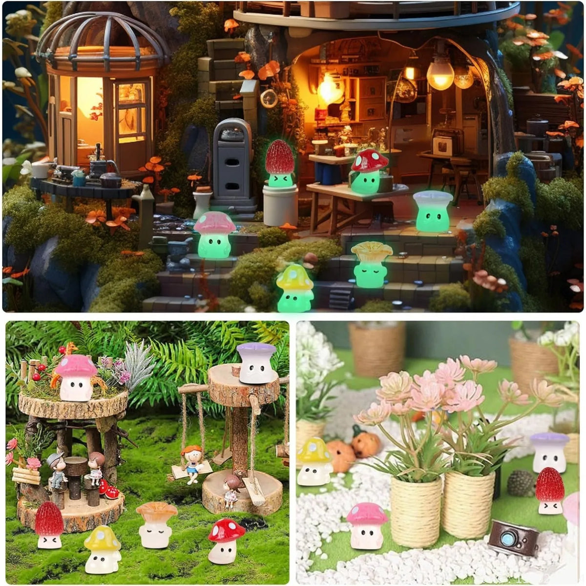 A collection of glow-in-the-dark resin miniature mushrooms in various colors displayed on a mossy fairy garden setting.