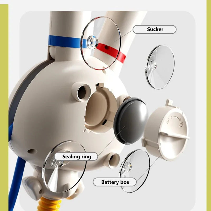 Diagram showing the components of a Rabbit Carrot Bath Toy including a sucker, sealing ring, battery box, and water sprinkler