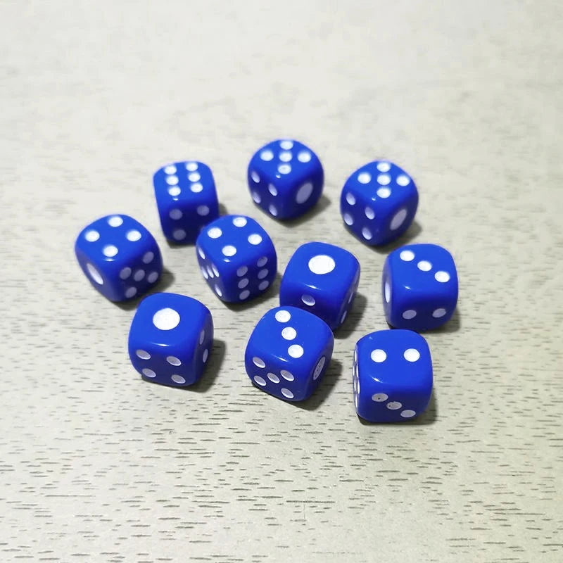A collection of twelve blue and white six-sided dice scattered on a light surface.