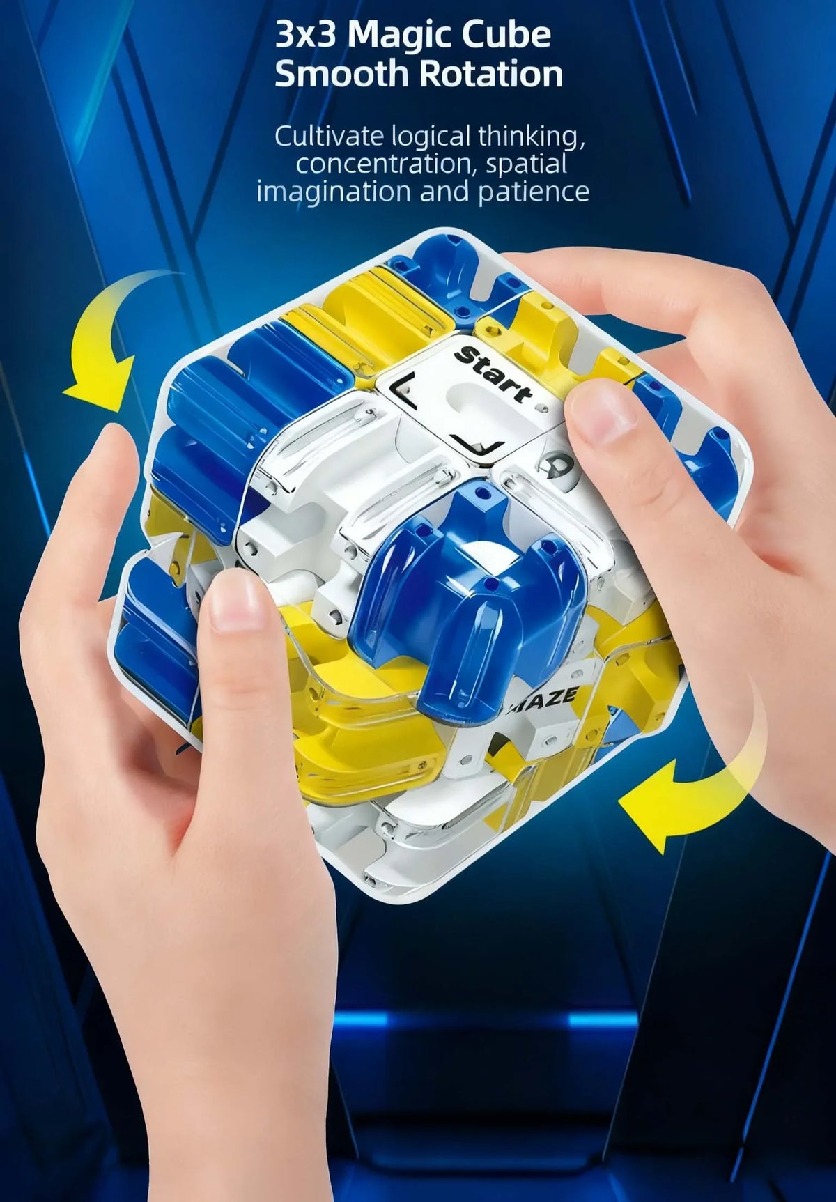 Hands hold a 3x3 Magic Cube puzzle with yellow and blue pieces, demonstrating smooth rotation.