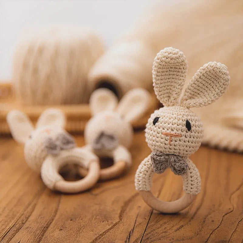 Crochet Bunny Rattle & Teether Toy with Wooden Ring