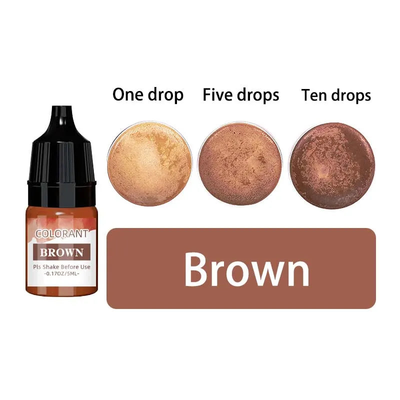 A set of liquid candle wax pigment drops in brown shades, including one, five, and ten drops.