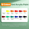 A set of 12 colors of 5ml acrylic paint bottles displayed in a white tray.