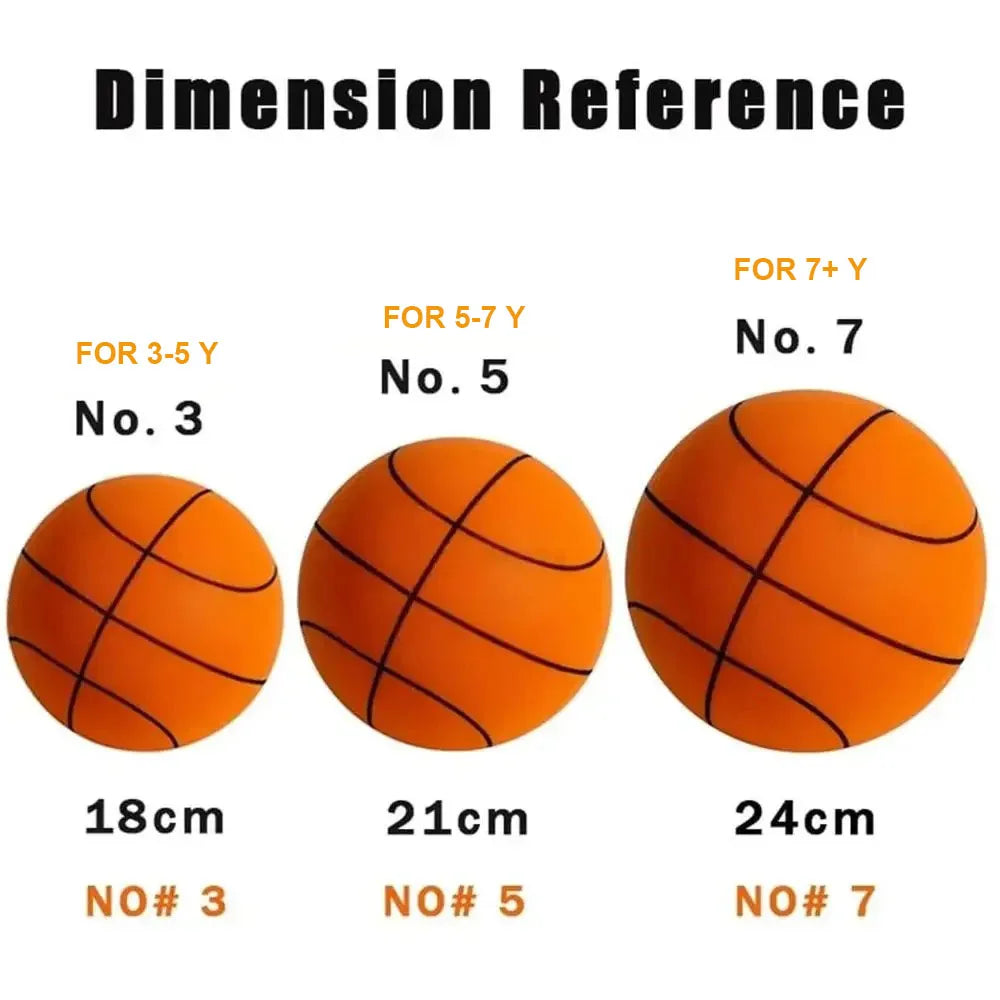 Dimension reference showing three sizes of orange foam basketballs: No. 3 (18cm), No. 5 (21cm), and No. 7 (24cm).