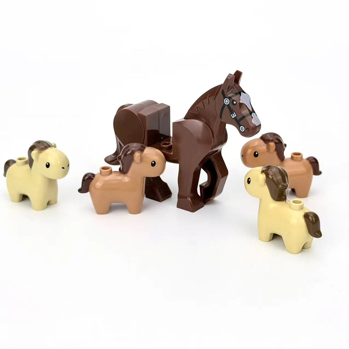 A set of six brown and tan African wildlife animal building blocks, including a horse and several other animals.