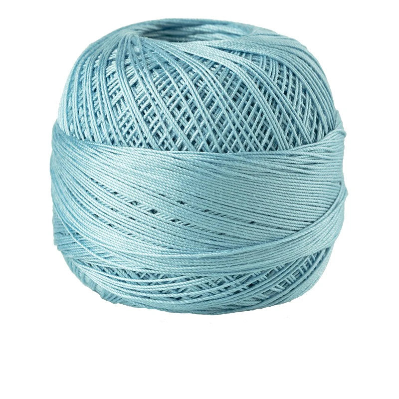 A ball of light blue 100% cotton crochet thread for tatting and embroidery.