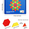 A box of Diikamiik pattern blocks showing various colored geometric shapes and thickness examples.