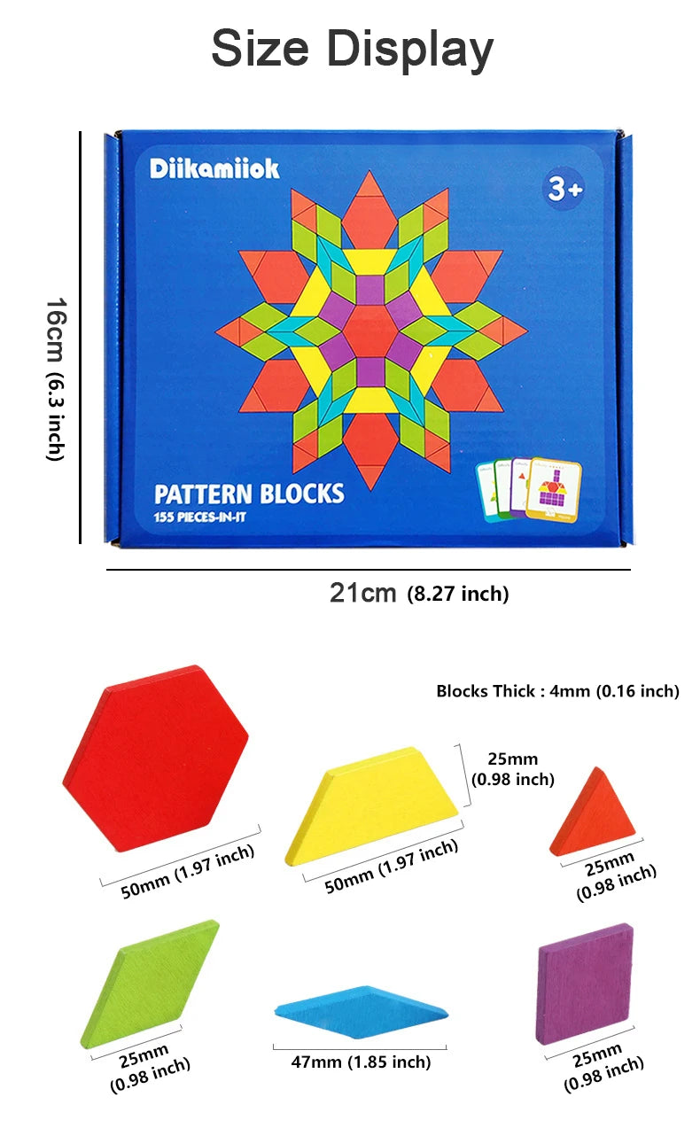 A box of Diikamiik pattern blocks showing various colored geometric shapes and thickness examples.