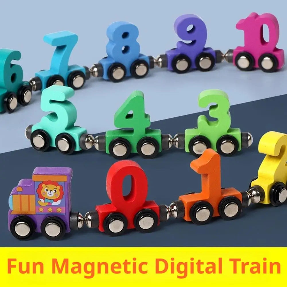 A colorful magnetic train set featuring numbers 0 through 10 made of wood and magnets for toddlers.