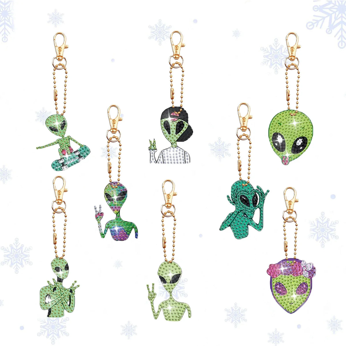 A set of eight DIY animal diamond art keychains featuring various green and purple creatures on gold chains.