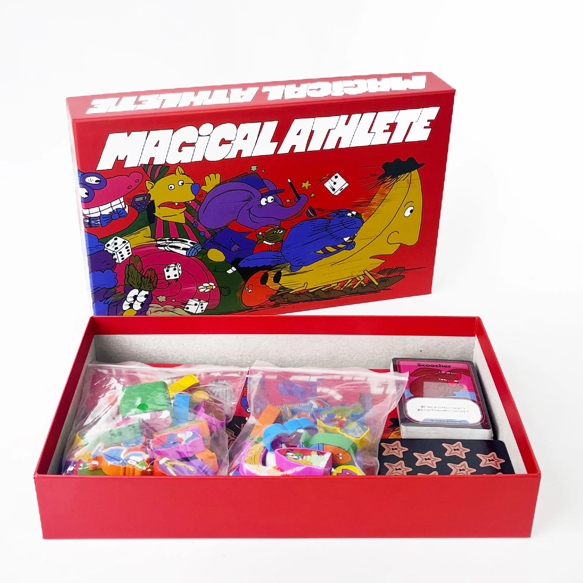 A box of the Magical Athlete racing board game featuring colorful illustrations and text.