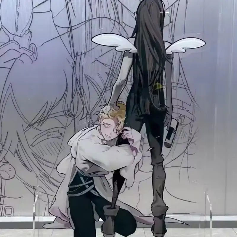 An anime figure of a character with white hair and wings is displayed on a clear acrylic stand.