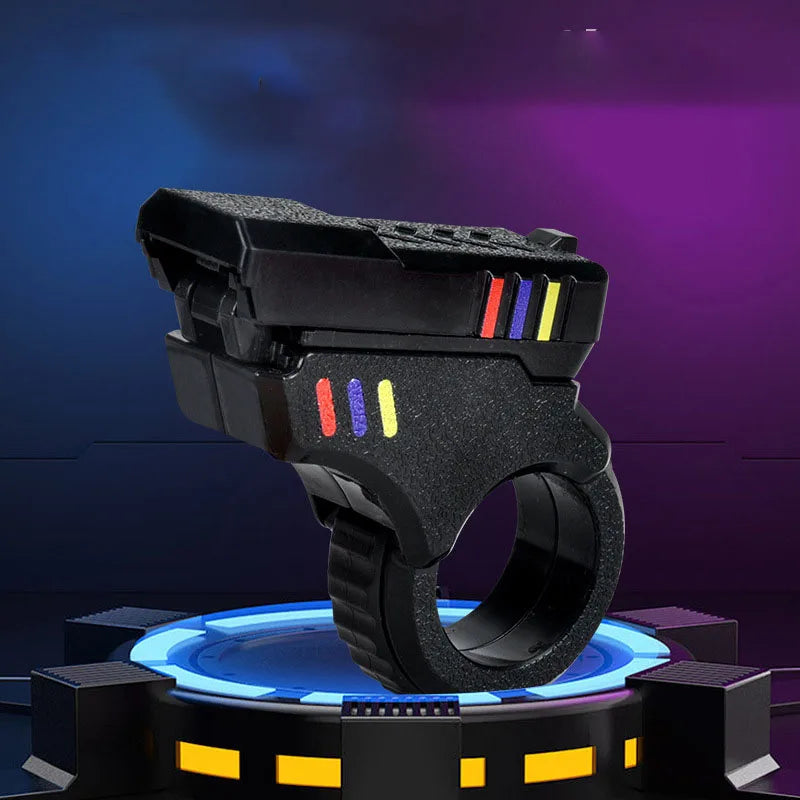 A black magnetic fidget push card with a spinner is displayed on a dark platform.