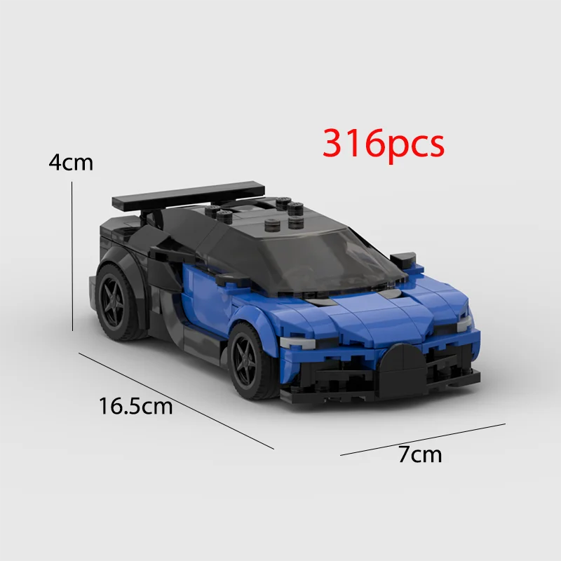 A black and blue classic supercar model built from 316 pieces of building blocks.
