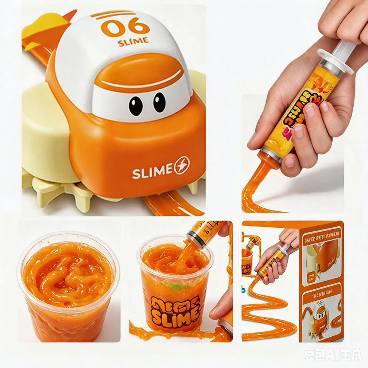 A DIY slime track car set featuring an orange plastic car and an orange paste being manipulated by a hand.