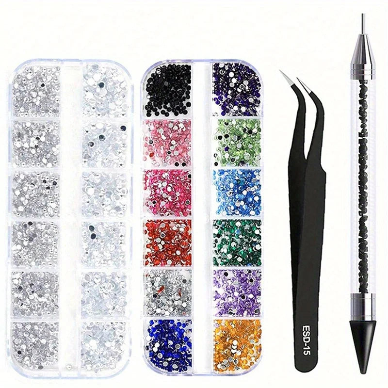 A collection of multi-size flat back acrylic rhinestones in various colors arranged in compartments.