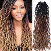 Long, layered faux loc crochet hair extensions in a soft curly ombre with brown and blonde tones.