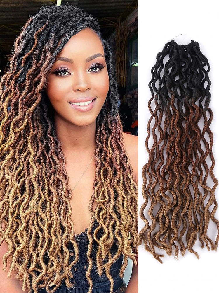 Long, layered faux loc crochet hair extensions in a soft curly ombre with brown and blonde tones.
