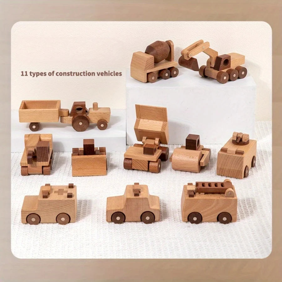 Collection de 11 véhicules et camions en bois solide pour le jeu d'ingénierie.
