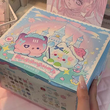 A colorful blind box featuring a strawberry mousse tower and an octopus cat pendant charm.