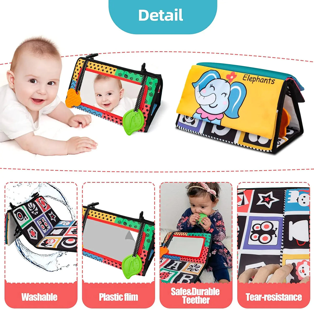High-Contrast Tummy Time Baby Mirror with Crinkle Cloth Book and Teether