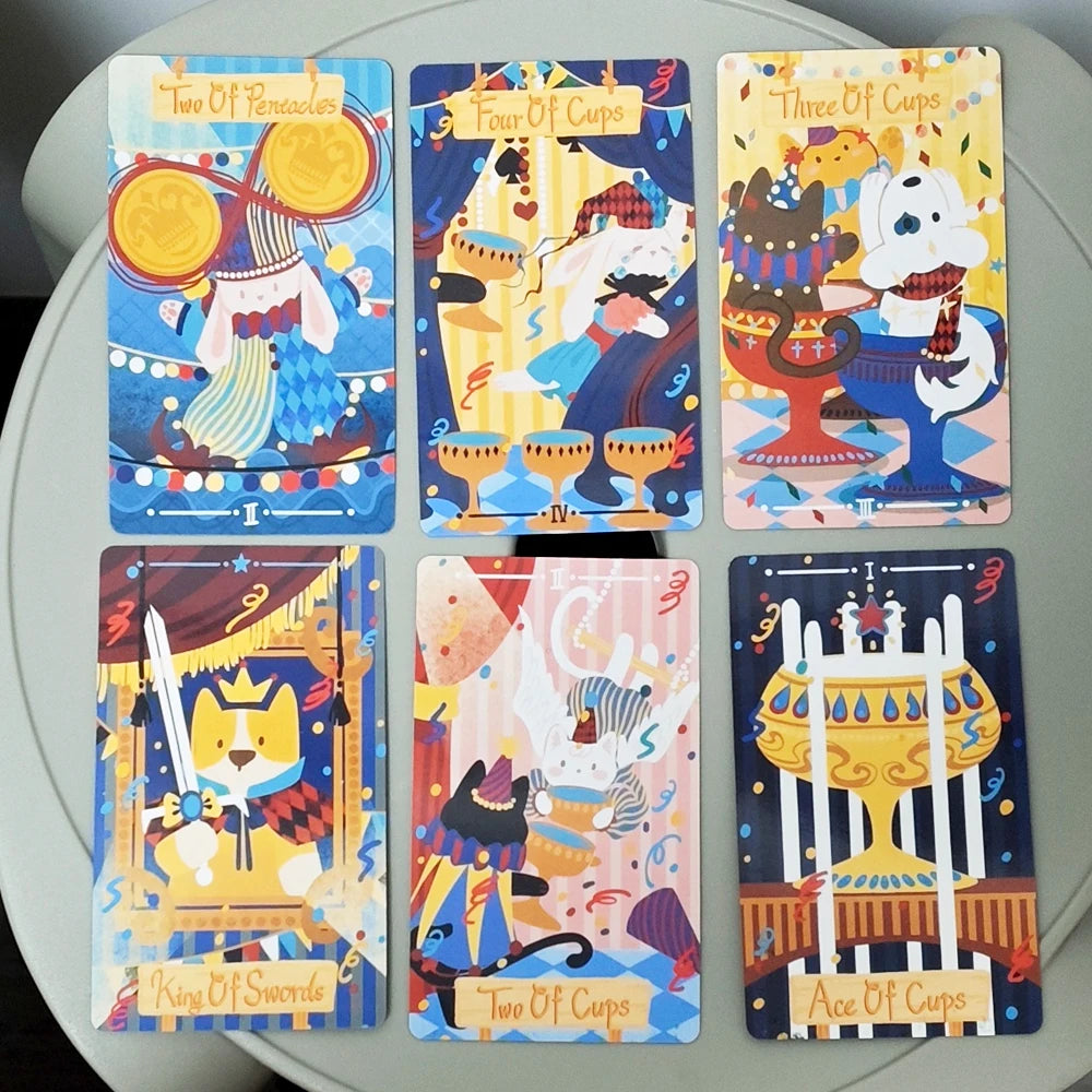 A collection of twelve Rider-Waite Tarot cards featuring various suits and court cards like the Two of Pentacles, Four of Cup