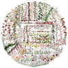 A circular illustration featuring a dense arrangement of pink, red, and green floral lace and vine decor.