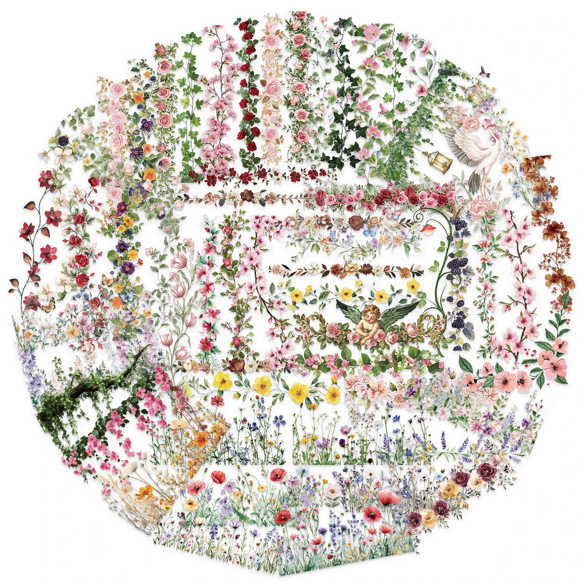 A circular illustration featuring a dense arrangement of pink, red, and green floral lace and vine decor.