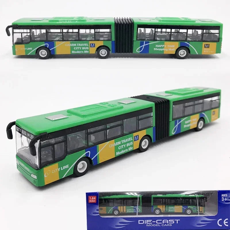 A green and blue diecast model bus toy featuring city line branding and happy time signage.