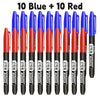 Ten blue and ten red permanent fine-tip markers displayed in a row.
