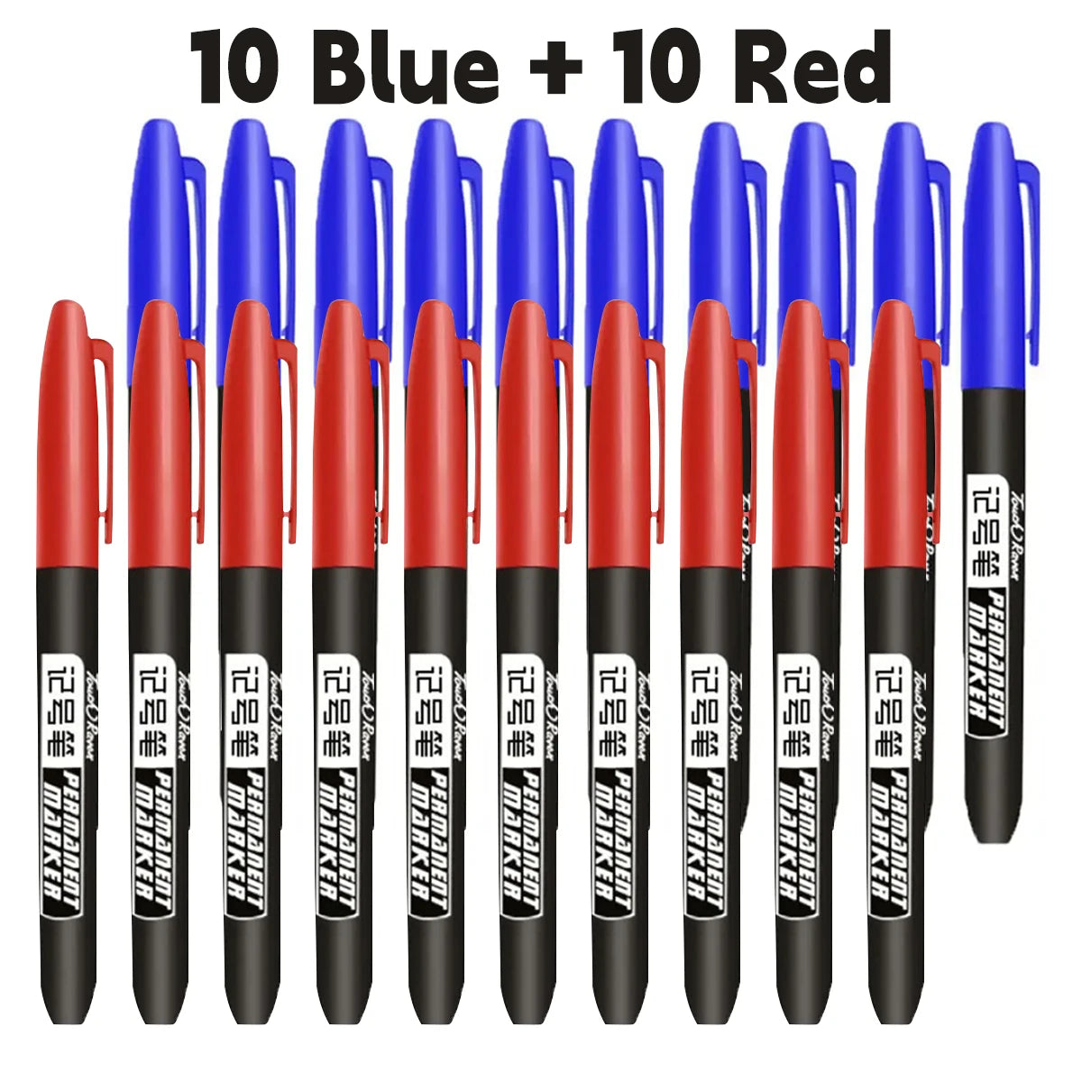 Ten blue and ten red permanent fine-tip markers displayed in a row.