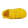 Yellow kids barefoot sneakers with double hook-and-loop straps shown from the top view