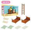 A wooden miniature dollhouse furniture set featuring a bathroom, kitchen, and laundry playset with accessories.
