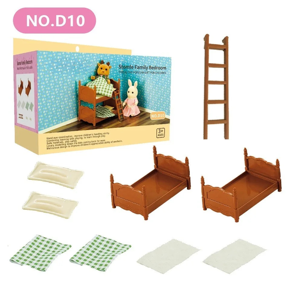 A wooden miniature dollhouse furniture set featuring a bathroom, kitchen, and laundry playset with accessories.