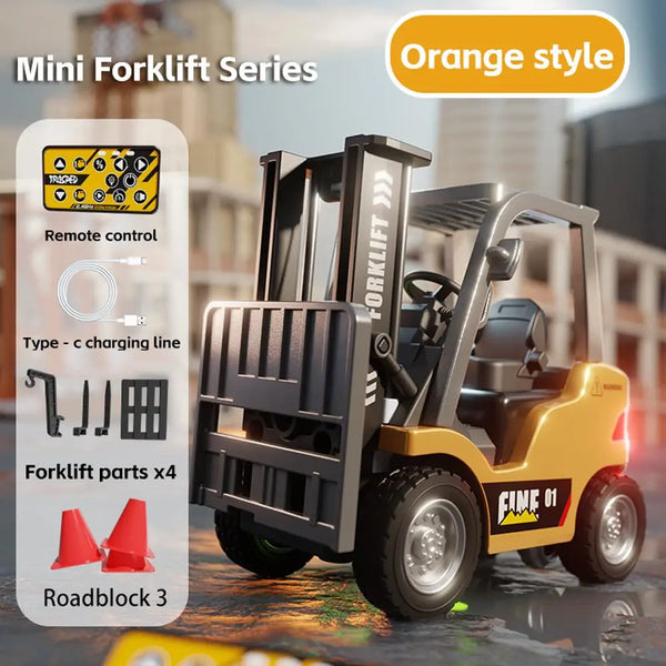 Orange style mini forklift model with remote control parts and a roadblock
