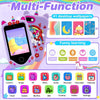 A purple kids' touchscreen phone with a multi-function interface showing various apps and wallpapers.