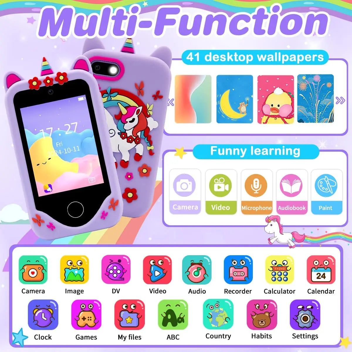 A purple kids' touchscreen phone with a multi-function interface showing various apps and wallpapers.