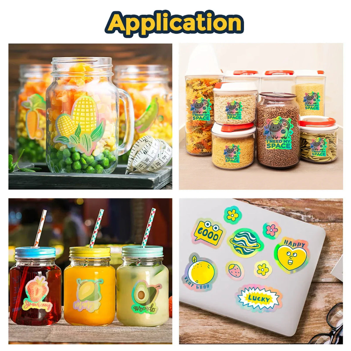 A collection of colorful holographic rainbow sticker paper sheets and various liquid products displayed on a wooden surface.