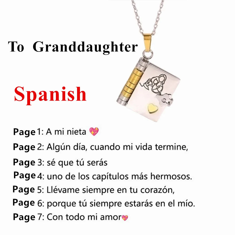 A gold necklace with a Spanish engraved pendant featuring text for a granddaughter