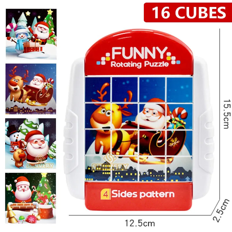 A red and white rotating puzzle cube featuring a Christmas theme with Santa and reindeer.