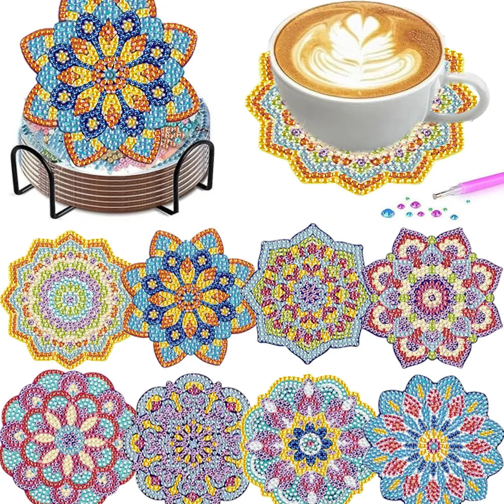 An assortment of colorful diamond painting coasters and a coffee cup with latte art.