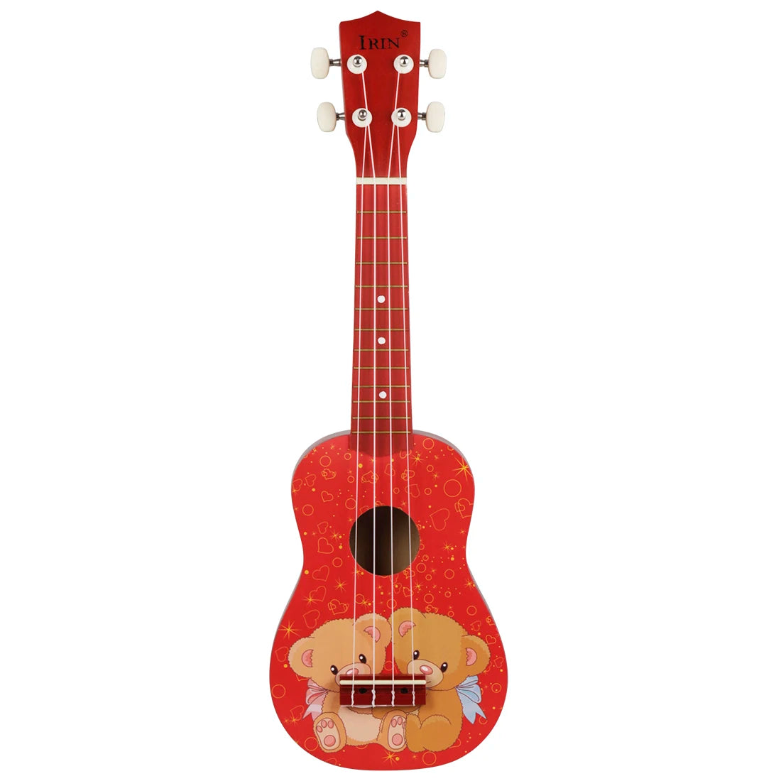 A red ukulele with a cute bear design and accessories.