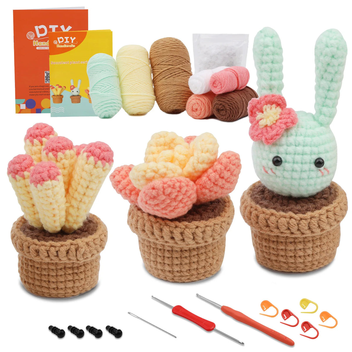 A beginner crochet animal kit showing various yarn colors, finished stuffed animals, and crochet tools.